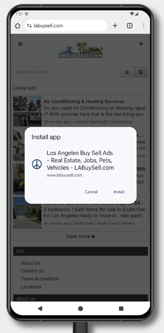 Screenshot of the Chrome menu with 'Add to Home screen' or 'Install app' highlighted.