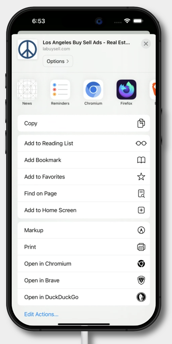 Screenshot showing the share icon in the bottom center of the Safari browser.
